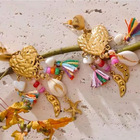 New ANTHRO Gold Ss Seashell Heart Beaded Tassel  Starfish Dangle Earrings - Picture 6 of 12